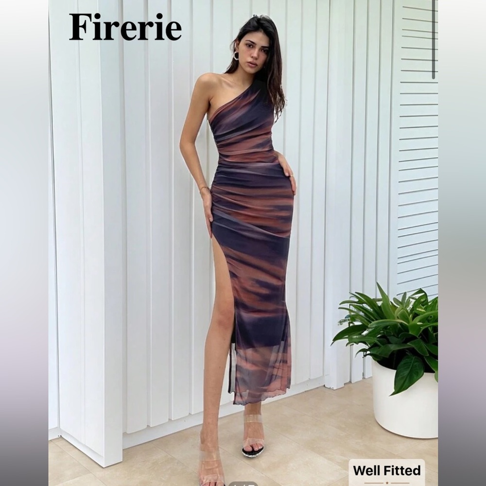 Firerie Women's Summer Tie-Dye Printed One Shoulder Pleated Long Bodycon